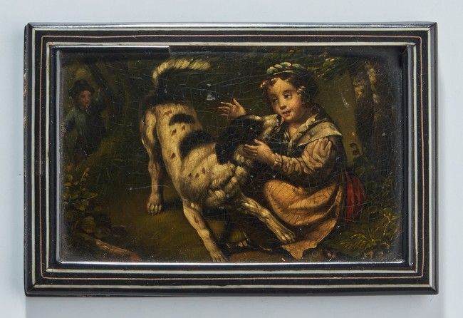 PLAT ou TABLEAUTIN laqué à décor d'une jeune...
